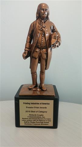 Our Benny Award in 2016 for First Place - Best of Category for Business and Annual Reports (4 or more colors, printers with 20 employees or less) by the Printing Industries of America! The piece was created for Duff and Phelps marketing team.
